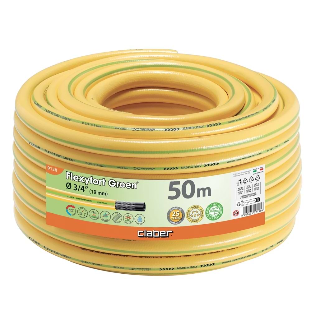 Шланг поливочний Claber 3/4" 50 м Flexyfort Green, жовтий з зел. полосою (91380000)